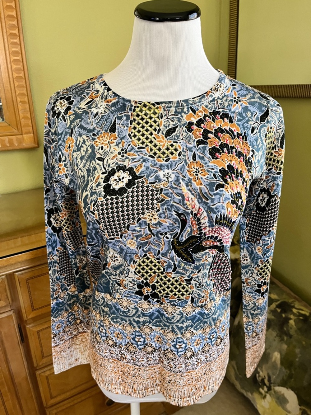 Belldini Blue Floral Paisley Long Sleeve Top with Multicolor Accents